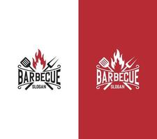 barbecue logo design con griglia cibo, fuoco, spatola concetto su bianca sfondo, vettore illustrazione.