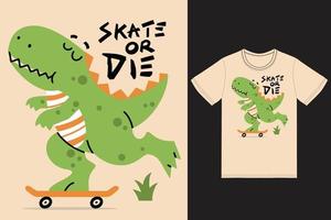 carino dino che gioca a skateboard illustrazione con tshirt design premium vector