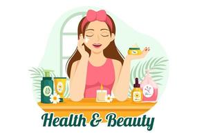 bellezza e Salute illustrazione con naturale cosmetici e eco prodotti per problematico pelle o trattamento viso nel donne cartone animato mano disegnato modelli vettore