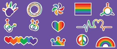 contento orgoglio LGBTQ elemento impostare. LGBTQ Comunità simboli con arcobaleno bandiera, onda, corona, cuore. elementi illustrato per orgoglio mese, bisessuale, transgender, Genere uguaglianza, etichetta, diritti concetto. vettore