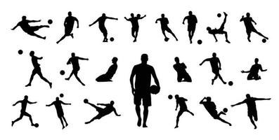 collezione di 21 calcio giocatore icona vettore illustrazioni. consiste di vario tipi di Azioni come come calciando, dribbling, e così Su. molto bene per uso per riempire nel design relazionato per calcio.