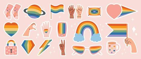 contento orgoglio LGBTQ elemento impostare. LGBTQ Comunità simboli con arcobaleno bandiera, bicchiere, cuore, diamante. elementi illustrato per orgoglio mese, bisessuale, transgender, Genere uguaglianza, etichetta, diritti concetto. vettore