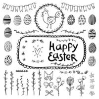Pasqua impostato con pollo, uova e fiori, piatto vettore illustrazione isolato su bianca sfondo. Pasqua vacanza disegni o adesivi collezione per cartoline e arredamento. nero Linee