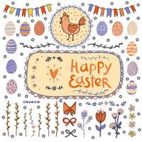Pasqua impostato con pollo, uova e fiori, piatto vettore illustrazione isolato su bianca sfondo. Pasqua vacanza disegni o adesivi collezione per cartoline e arredamento. colore impostato