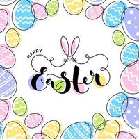 contento Pasqua colorato sfondo con scritte, luminosa uova, mano disegnato ornato e carino coniglietto. linea arte pasquale manifesto. vettore illustrazione.