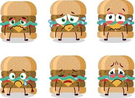 Hamburger cartone animato nel personaggio con triste espressione vettore