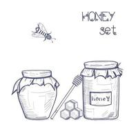 miele barattolo, botte, cucchiaio, ape, nido d'ape, vintage impostare. inciso biologico cibo mano disegnato schizzo illustrazione. vettore