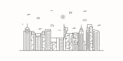 città paesaggio linea arte vettoriale. paesaggio urbano di linea sottile con edificio, nuvole, sole. illustrazione vettoriale. vettore