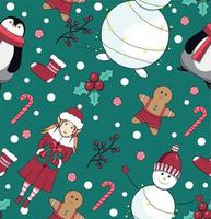 senza soluzione di continuità modello con pupazzo di neve, pinguino, elfo, uomo biscotti, lecca-lecca e calzino per i regali. nuovo anni e Natale. vettore