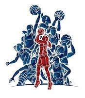 silhouette gruppo di pallacanestro donne Giocatori mescolare azione cartone animato sport squadra vettore