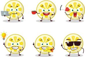 Limone fetta cartone animato personaggio con vario tipi di attività commerciale emoticon vettore