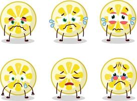 Limone fetta cartone animato personaggio con triste espressione vettore