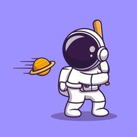 carino astronauta colpire pianeta palla con baseball bastone cartone animato vettore icona illustrazione. scienza sport icona concetto isolato premio vettore. piatto cartone animato stile
