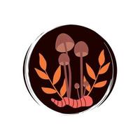 carino logo o icona vettore con Marrone funghi, arancia le foglie e rosa verme, illustrazione su cerchio per sociale media storia e punti salienti