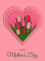 contento La madre di giorno saluto carta. bellissimo tulipani su rosa cuore forma sfondo. vettore