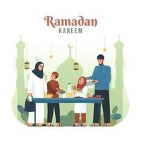 musulmano famiglia preparazione iftar pasto. Ramadan kareem piatto cartone animato personaggio illustrazione vettore