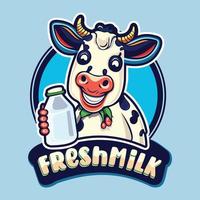 latteo mucca cartone animato logo. carino mucca con latte. mucca logo concetto con piatto stile vettore