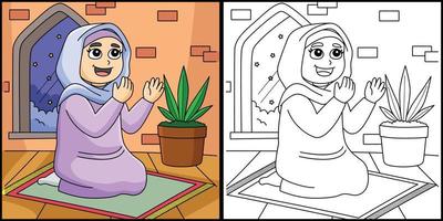Ramadan musulmano ragazza preghiere colorazione illustrazione vettore