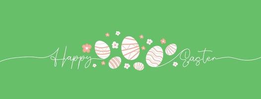 contento Pasqua manoscritto lettering linea design. Pasqua uova e fiori uno linea saluto carta. schema illustrazione su blu sfondo vettore