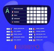 Rugby tazza 2023, piscina un' incontro orario. bandiere di nuovo zelanda, Francia, Italia, Uruguay, namibia. vettore