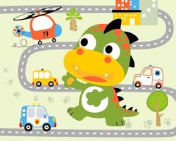 divertente gigante mostro cartone animato nel città strada con veicoli vettore