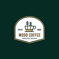 Forrest caffè logo concetto. classico distintivo un' tazza di caffè con albero e foglia ramo naturale linea francobollo logo vettore icona design nel Vintage ▾ fricchettone moderno bellissimo stile, premio caffè negozio bar icona