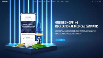 ricreativo medico cannabis, bandiera per sito web con podio, smartphone e CBD olio bottiglia con pipetta nel scena con blu neon linea parete su sfondo vettore