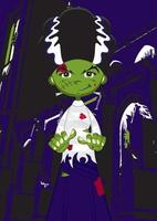 cartone animato pauroso Frankenstein sposa a Gotico Chiesa - spaventoso Halloween mostro illustrazione vettore