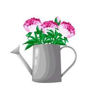 irrigazione lattine con peonie. giardinieri assunzione cura di il giardino, in crescita e studiando impianti nel natura. può essere Usato per molti scopi. vettore illustrazione