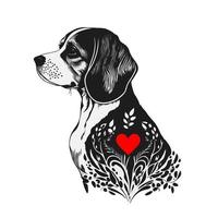 carino beagle cane con cuore per il tuo sentimentale disegni. monocromatico vettore arte isolato su bianca.