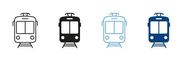 tranvia linea e silhouette pittogrammi. fermate per elettrico pubblico veicolo mezzi di trasporto nel città lineamenti e solido simboli collezione. impostato di colore icone di tramvia. isolato vettore illustrazione.