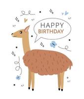 illustrazione contento compleanno carta con animale guanaco, contento compleanno scritte, farfalle, cuori, scarabocchio. saluto carta con guanaco vettore