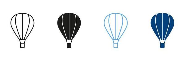 caldo aria Palloncino con cestino linea e silhouette colore icona impostare. volare aria calda ballon per cielo viaggio schema e solido simbolo collezione. volo baloon per viaggio pittogramma. isolato vettore illustrazione.