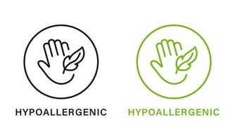 ipoallergenico sicuro Prodotto linea verde e nero icona impostare. ipo allergenico cosmetico per sensibile pelle igiene schema pittogramma. allergene gratuito, mano e piuma simbolo. isolato vettore illustrazione.