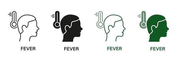 febbre calore, alto corpo temperatura simbolo collezione. febbre sintomo linea e silhouette icona impostare. influenza, freddo coronavirus sintomo. termometro pittogramma per medico manifesto. isolato vettore illustrazione.