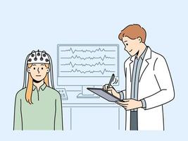 donna paziente fare eeg scansione nel Ospedale. maschio medico esaminare donna cliente nel neurologia clinica. neurologico verifica e visita medica. vettore illustrazione.