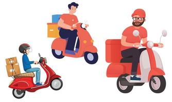 veloce e gratuito consegna, scooter con consegna uomo piatto cartone animato carattere, mano ha disegnato consegna concetto con scooter vettore