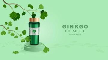 cosmetici o prodotti per la cura della pelle. mockup di bottiglia e foglie di ginkgo con sfondo verde. vettore