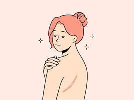 nudo donna con cicatrice su Indietro. femmina dimostrare marchio o ferita su corpo. pelle imperfezione. vettore illustrazione.