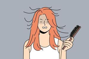 infelice donna Tenere spazzola per capelli nel mani lotta con statico capelli. irritato arrabbiato ragazza avere statico acconciatura. vettore illustrazione.