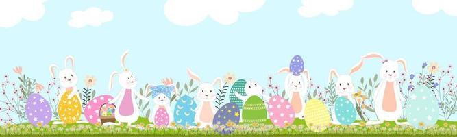 Pasqua sfondo, primavera campo e blu cielo paesaggio con coniglietto a caccia Pasqua uova, vettore carino cartone animato conigli nel erba campo. primavera o estate tempo bandiera con copia spazio per Pasqua saluto carta