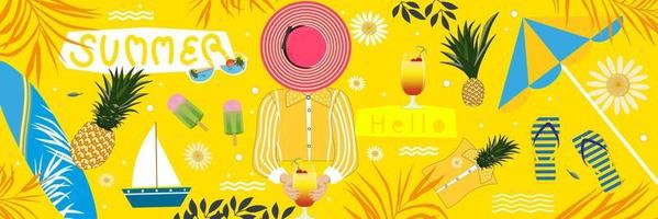 estate scena sfondo, vettore illustrazione divertimento vibrazioni di un' donna con tropicale estate, rosa cappello, ananas, palma foglie, tavola da surf, ghiaccio crema, sandalo, ombrello su giallo sfondo
