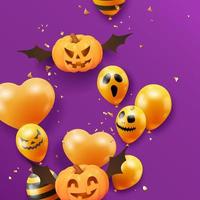 Halloween bandiera con volante zucche, coriandoli e fantasma palloncini su viola sfondo. Halloween sfondo con pauroso aria palloncini. vacanza saluto carta vettore