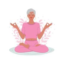 anziano donna con chiuso occhi Meditare nel yoga loto postura. fatica consapevolezza mese. il concetto di zen e armonia. mentale Salute consapevolezza mese vettore