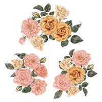 disposizione dei fiori della rosa dell'acquerello con l'illustrazione della foglia vettore