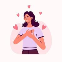 un' donna con sua mani su sua il petto. un' grato gesto. contento calma tranquillo, calmo ragazza volontario. felicità, genere cuore, armonia, donna amorevole se stessa, sensazione positivo emozione. vettore illustrazione