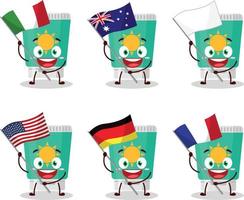 crema solare cartone animato personaggio portare il bandiere di vario paesi vettore