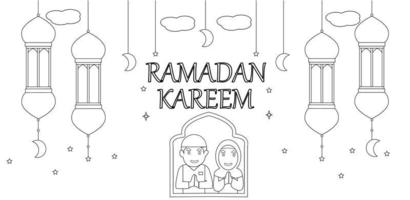 eid mubarak linea arte calligrafia elegante lettering Ramadan kareem testo Luna con moschea vettore