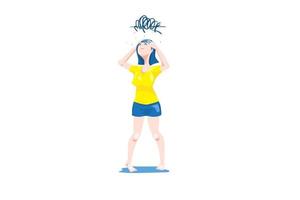 la ragazza in maglietta gialla e minigonna blu con preoccupazione e confondere emozione, movimento di mal di testa nella priorità bassa bianca. vettore