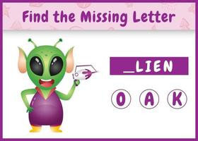 gioco di ortografia educativo per bambini trova la lettera mancante con un simpatico alieno vettore